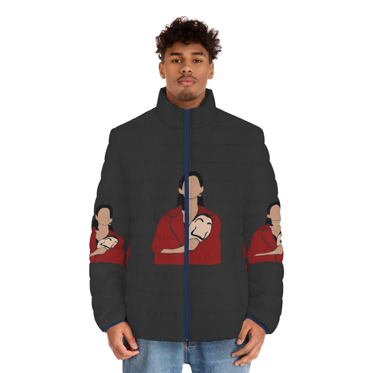 Nairobi Cut Out Money Heist Puffer Jacket featuring the iconic Nairobi character from the hit TV series - men front