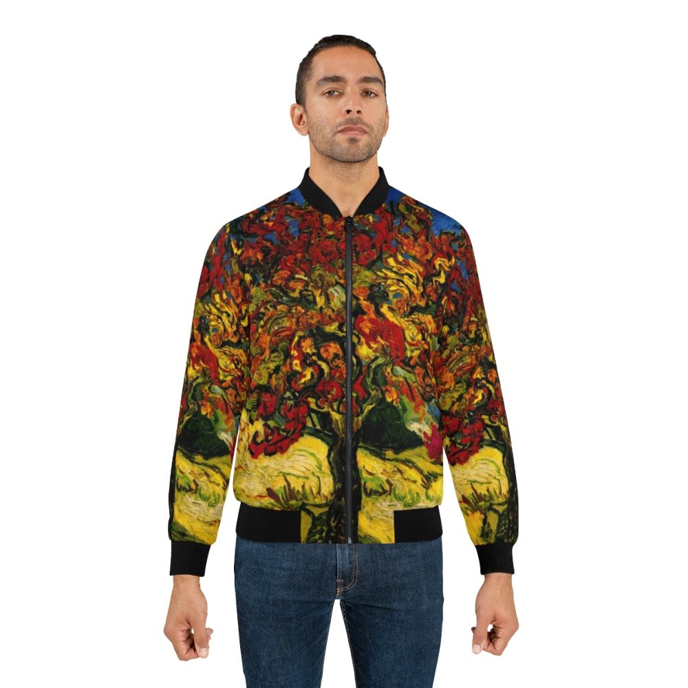 Vibrant bomber jacket featuring a print of Van Gogh's famous Mulberry Tree painting - Lifestyle