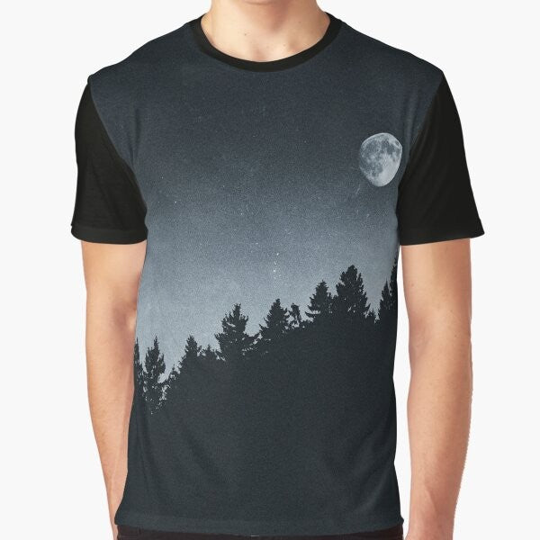 Mysterious night sky graphic t-shirt featuring a landscape with Cascadia trees, a supermoon, and astrological symbols