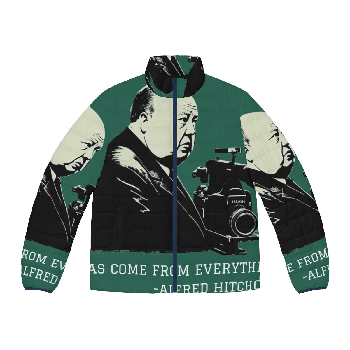 Alfred Hitchcock inspired puffer jacket with illustration