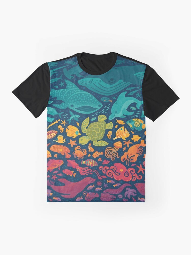 Colorful graphic t-shirt featuring a vibrant aquatic spectrum design with various sea creatures and marine life. - Flat lay