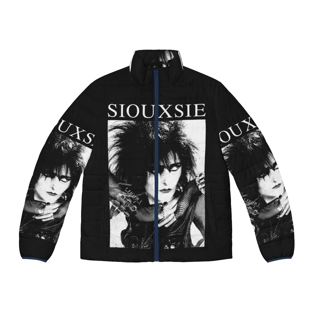 Siouxsie Sioux inspired black puffer jacket with goth and punk style