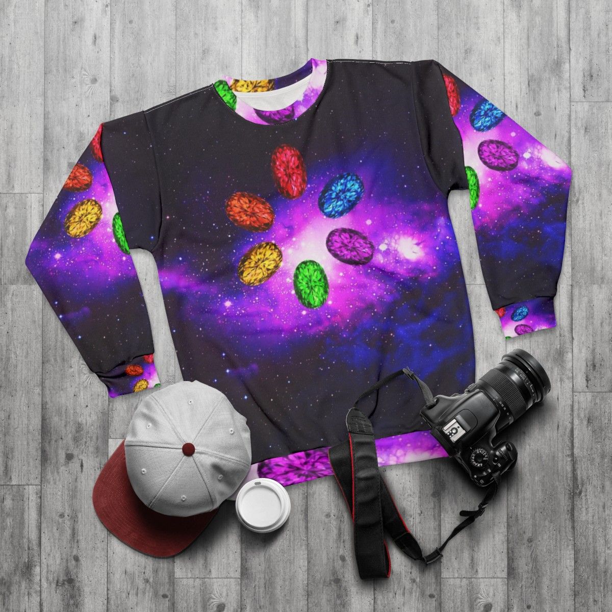 Infinity stones galaxy sweatshirt with space and Marvel design - flat lay