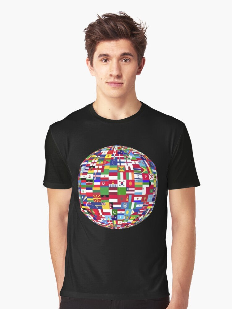 A graphic t-shirt featuring a one globe design representing global unity and world peace. - Men