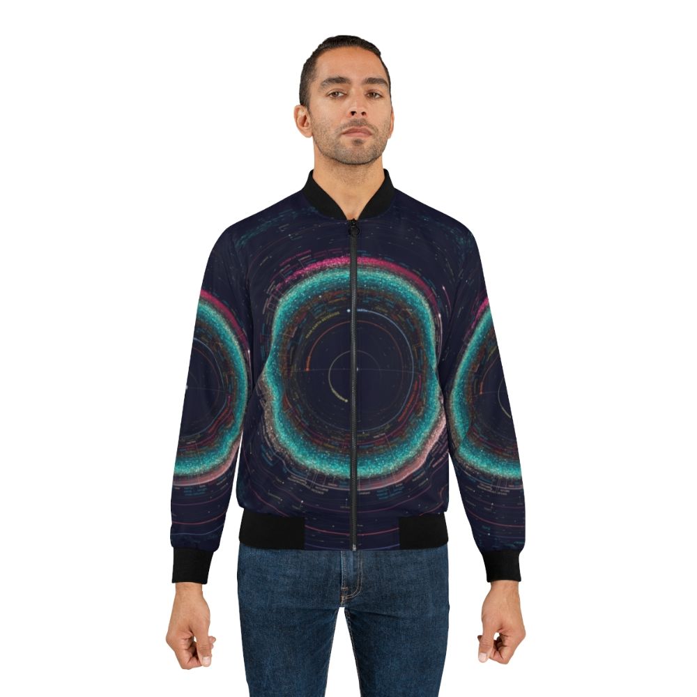 Asteroid Map of the Solar System Bomber Jacket featuring an infographic design of the asteroids and planets in the solar system. - Lifestyle