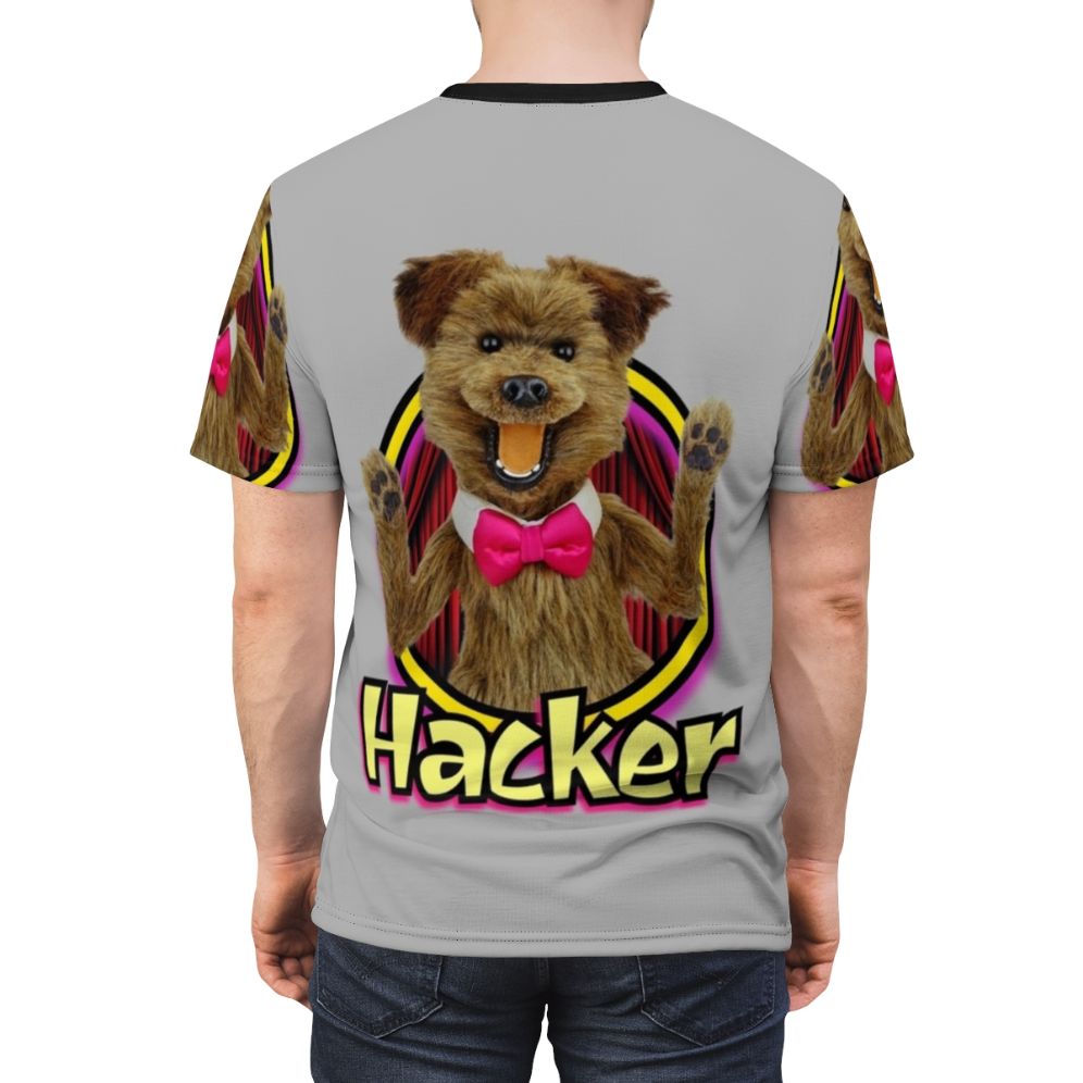 Vibrant and nostalgic t-shirt design featuring a puppet character in a hacker-inspired style - men back