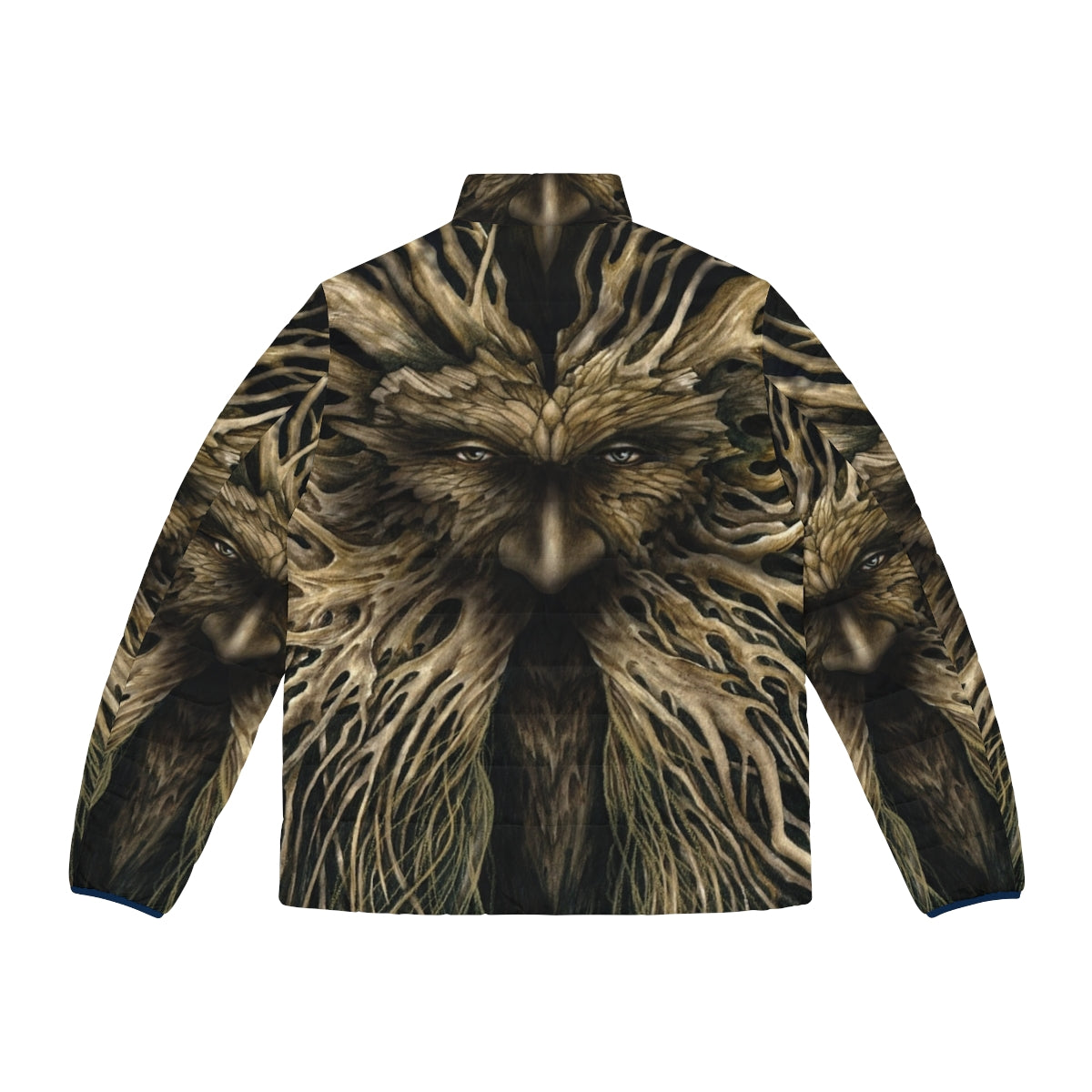 Model wearing Lord of the Greenwood puffer jacket, inspired by mythological woodland spirits - Back