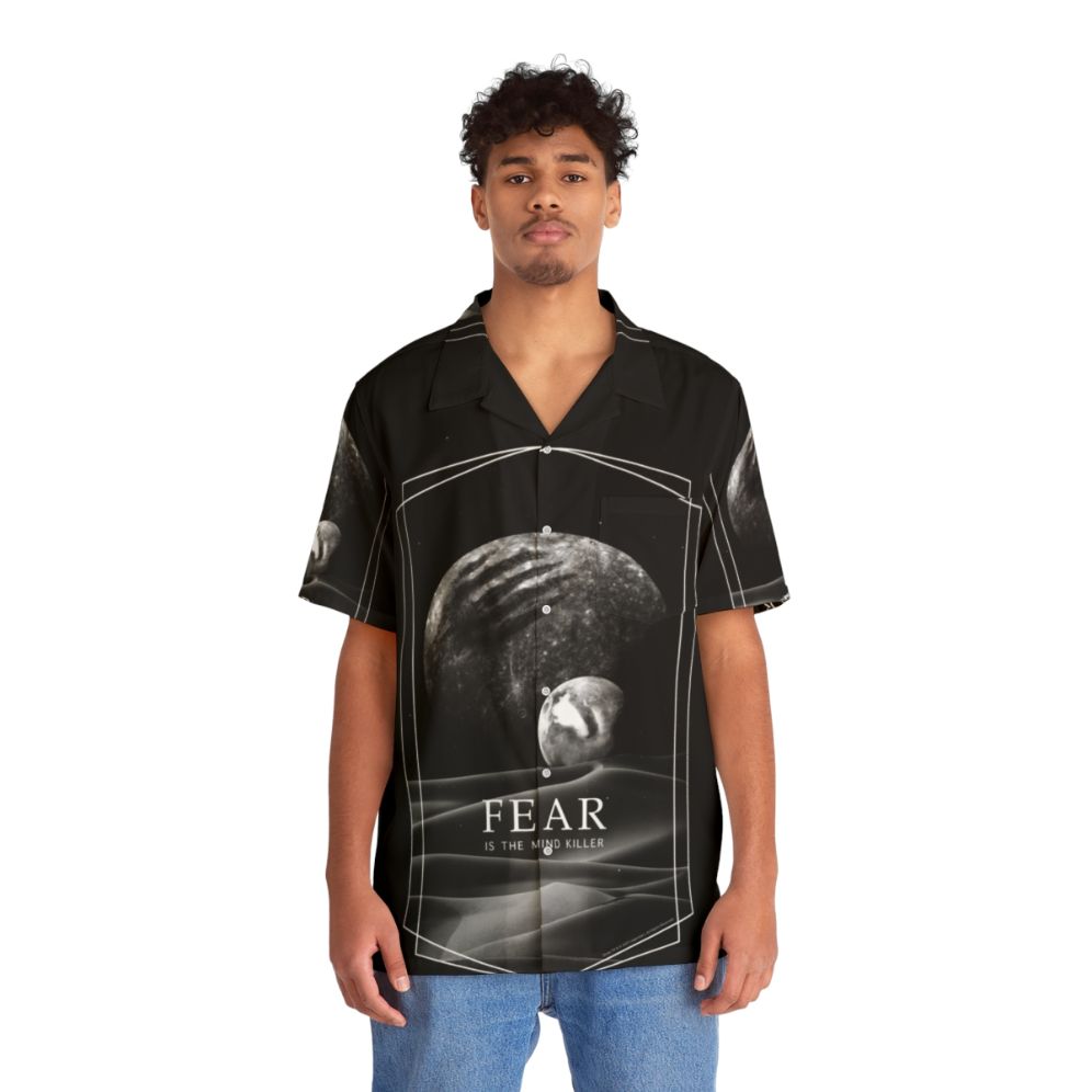 Dune-inspired Hawaiian shirt with Atreides and Harkonnen symbols - People Front