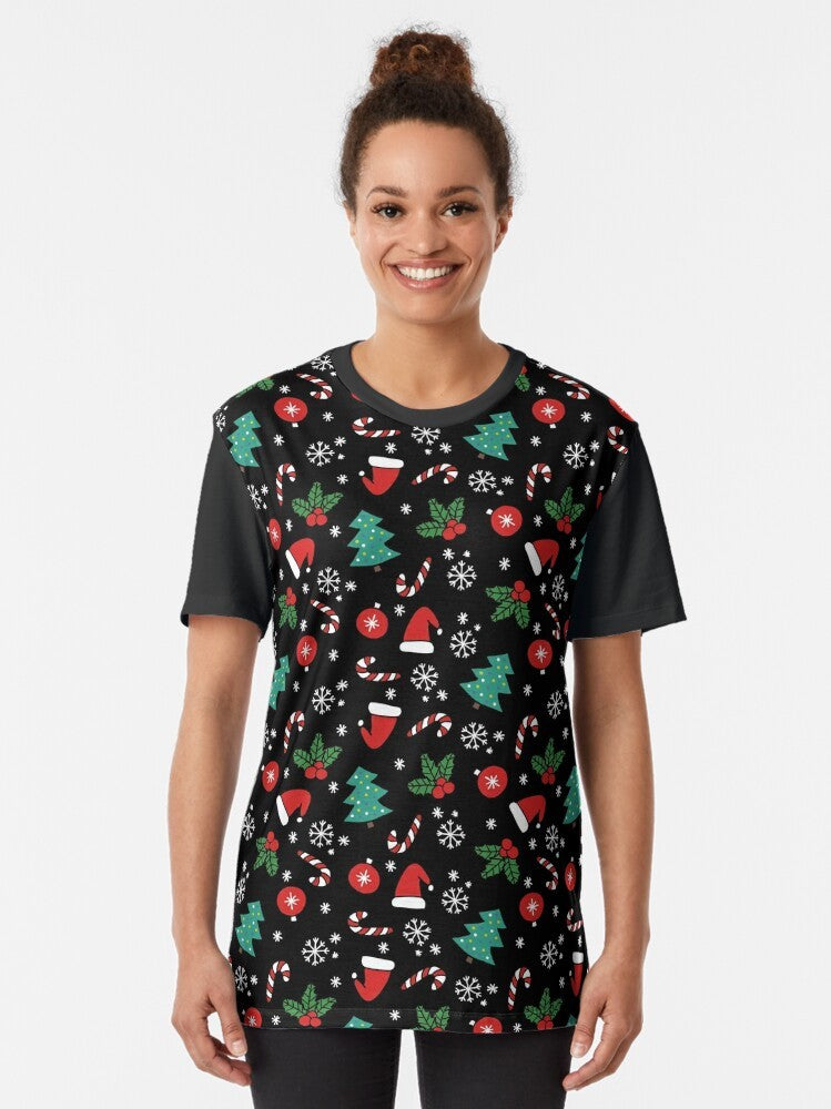 Christmas graphic t-shirt with festive holiday design featuring a tree, snowflakes, and holiday elements. - Women