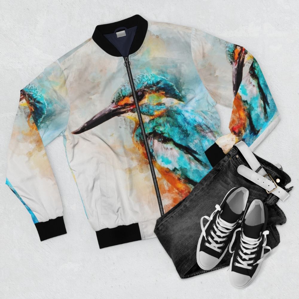 Colorful watercolor painting of a kingfisher bird on a bomber jacket - Flat lay