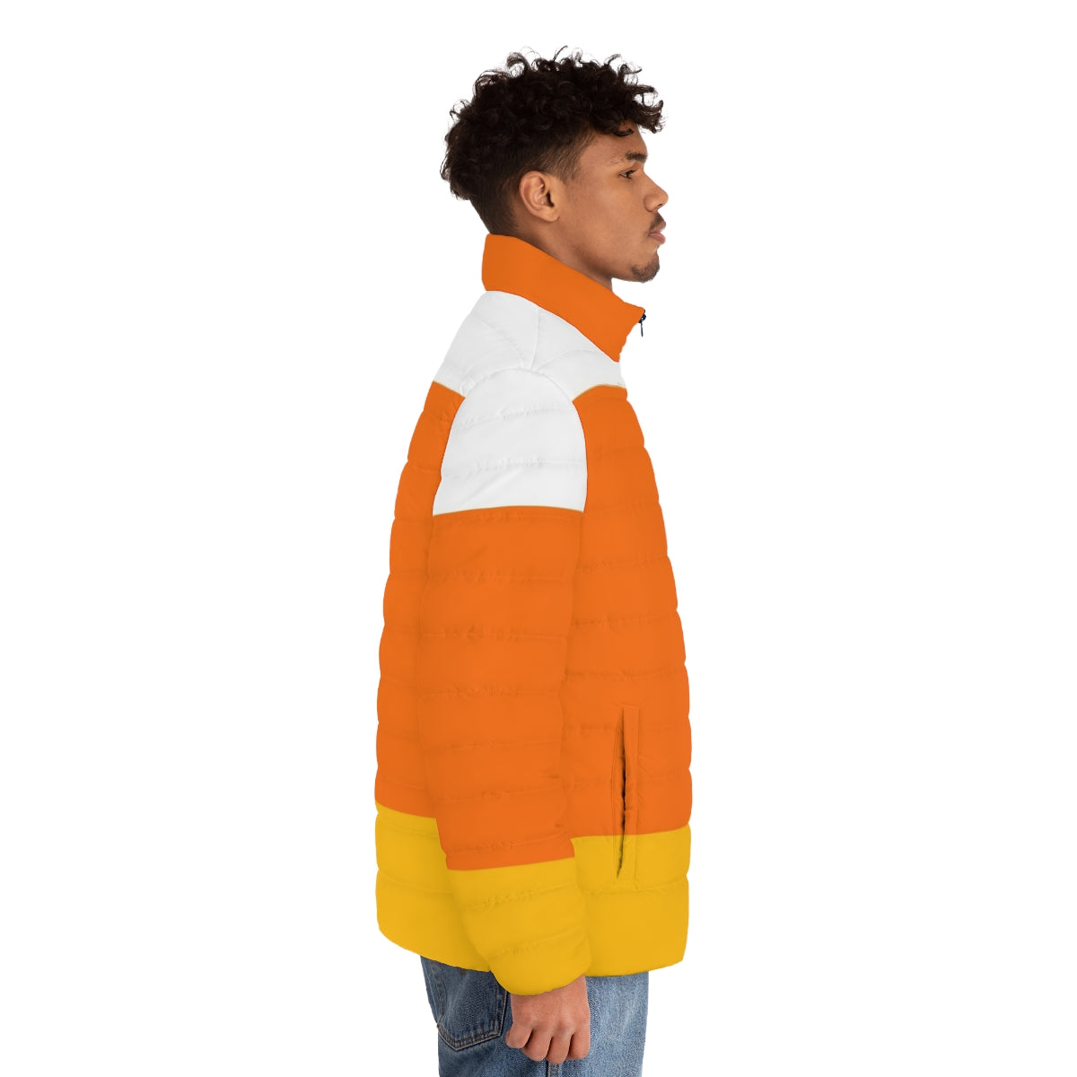 Candy corn inspired puffer jacket, perfect for Halloween and fall festivities - men side right