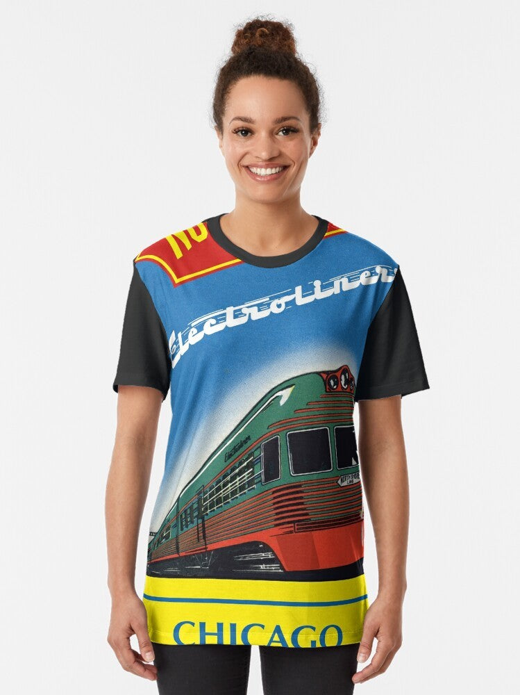 Vintage graphic t-shirt featuring the North Shore Electroliner, a historic electric train that operated in the Midwest. - Women