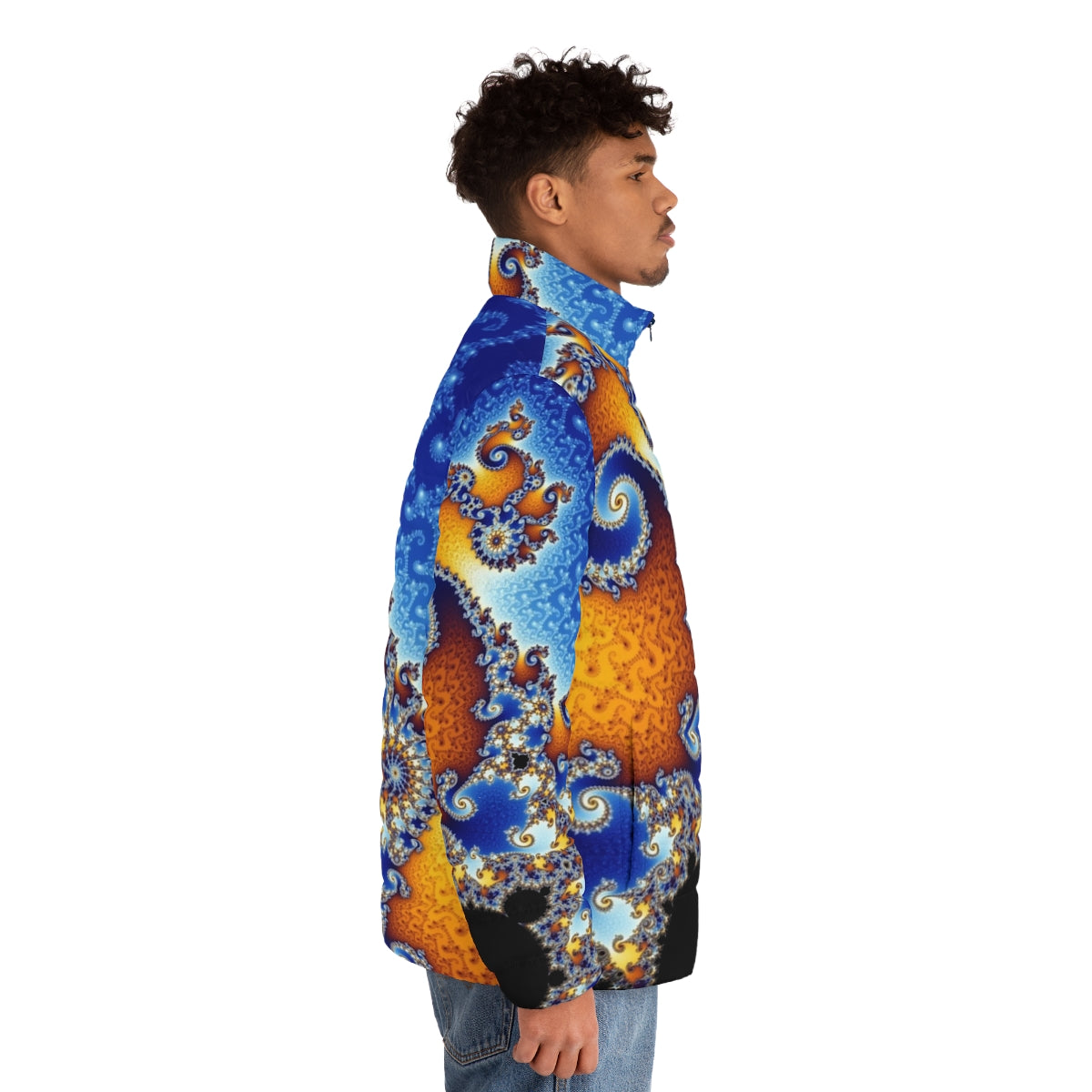 Puffer jacket featuring the intricate Mandelbrot set fractal pattern, a captivating mathematical art design - men side right