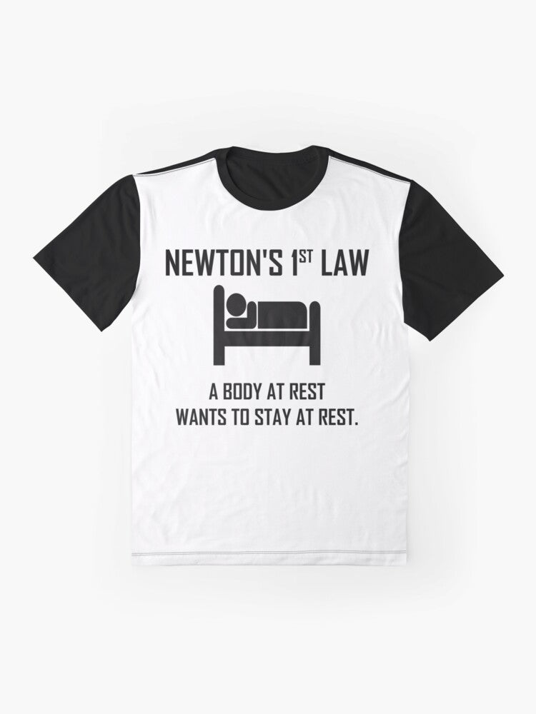 Funny physics t-shirt design featuring an illustration of Isaac Newton and the text "Newton's First Law" - Flat lay