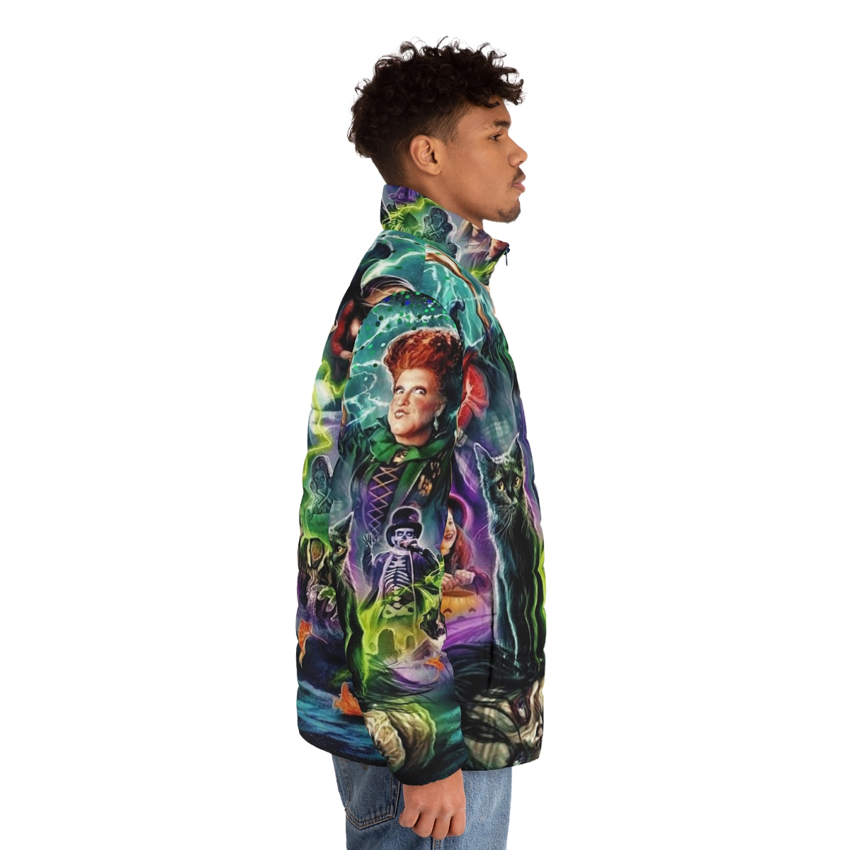 Hocus Pocus 1993 puffer jacket with witch, black cat, and other iconic imagery - men side right