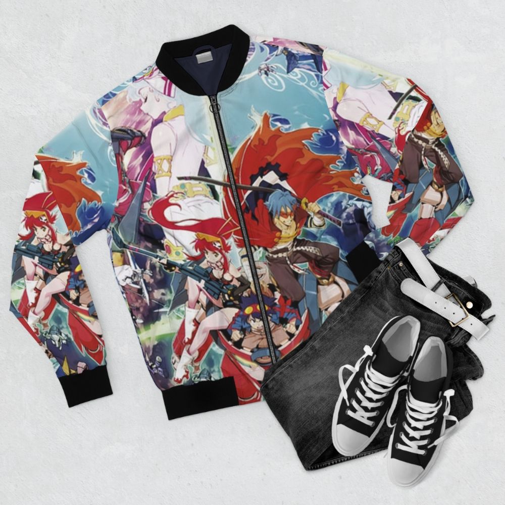 Tengen Toppa Gurren Lagann anime-inspired bomber jacket featuring characters Kamina, Yoko Littner, Nia Teppelin, and Rossiu. - Flat lay