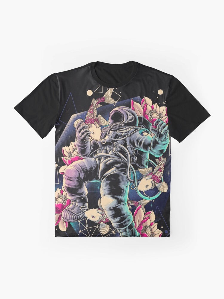 Deep Space Graphic T-Shirt featuring an astronaut, cosmic elements, and geometric designs - Flat lay