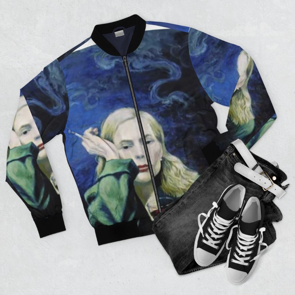 Joni Mitchell inspired bomber jacket with "Both Sides Now" design - Flat lay