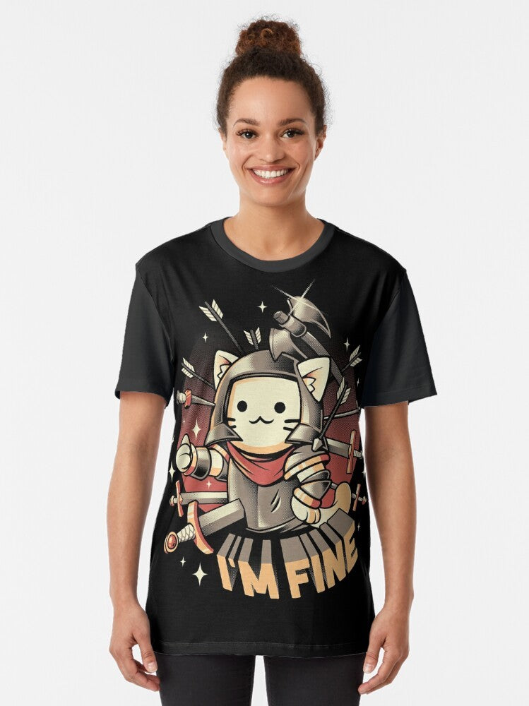 Graphic "I'm Fine" cat t-shirt with a medieval knight cat wielding a sword - Women