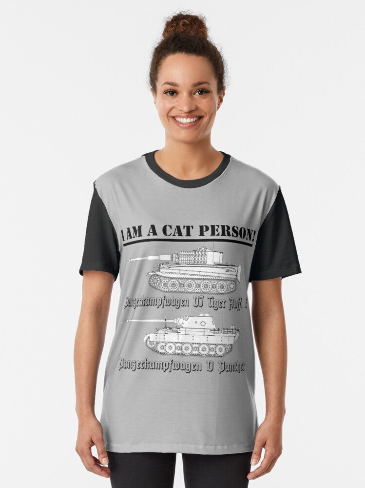 Graphic t-shirt with "I Am A Cat Person" design and tank/military imagery - Women