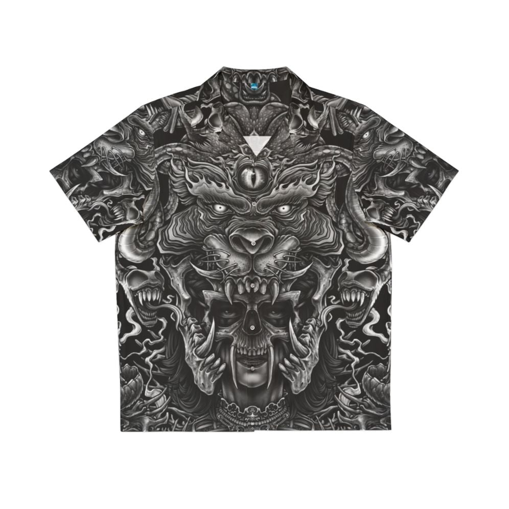 Winya No 129 dark Hawaiian shirt with mystical and spiritual symbols