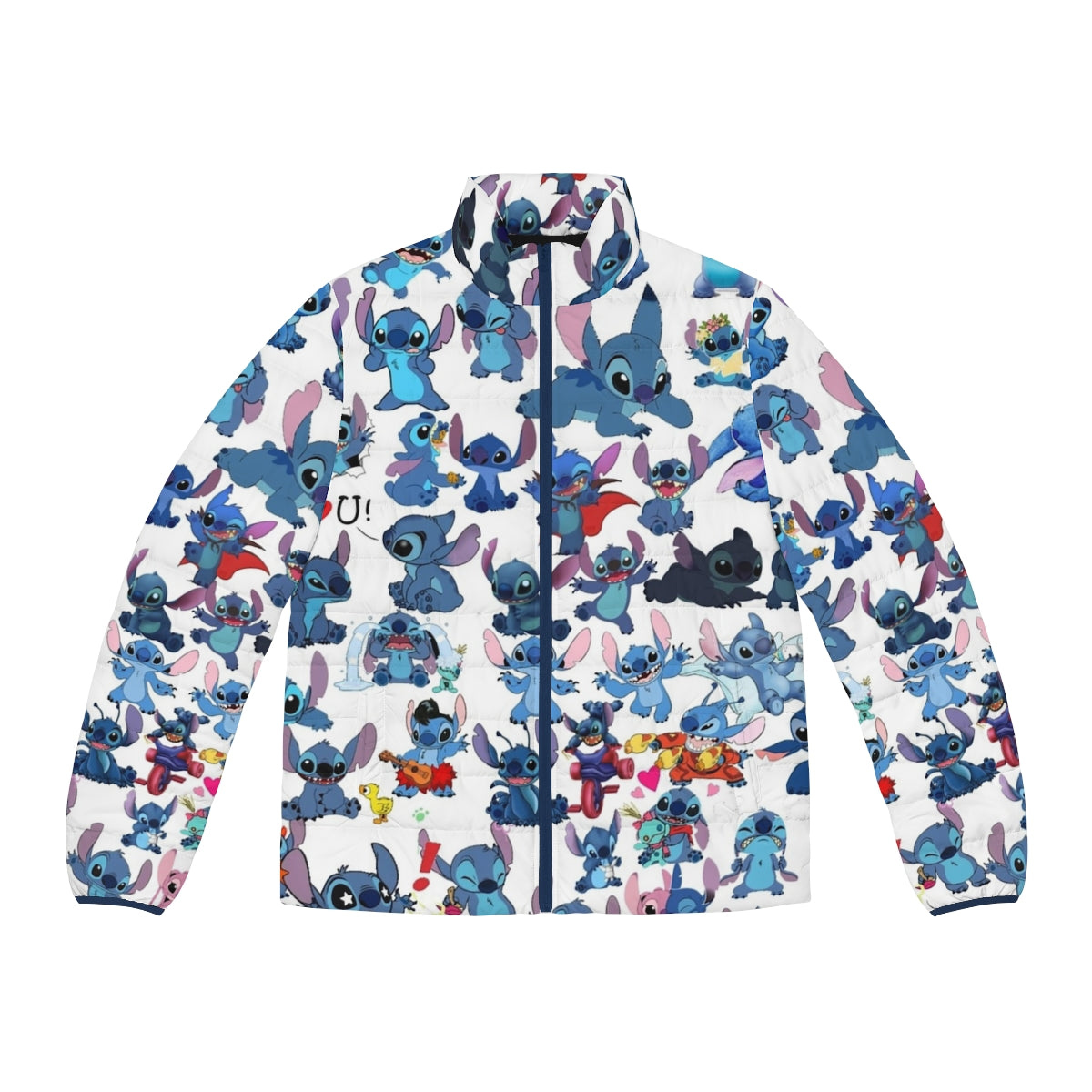 Stitch puffer jacket, blue puffer jacket with Stitch character design