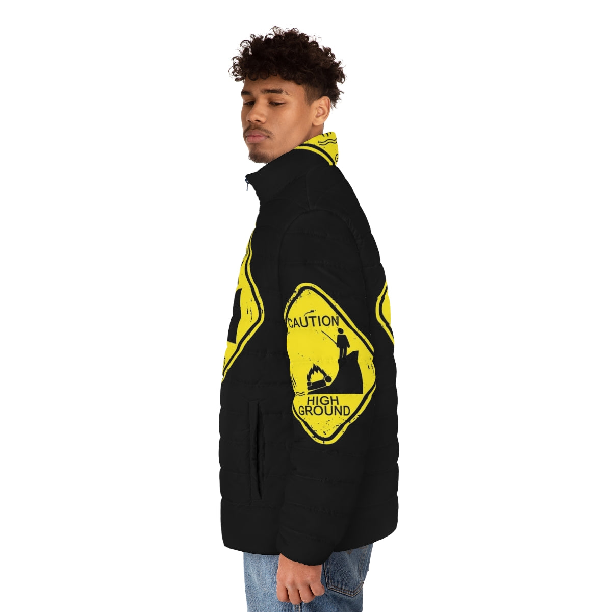 High ground caution puffer jacket with stick figure and star wars prequel meme inspired design - men side left