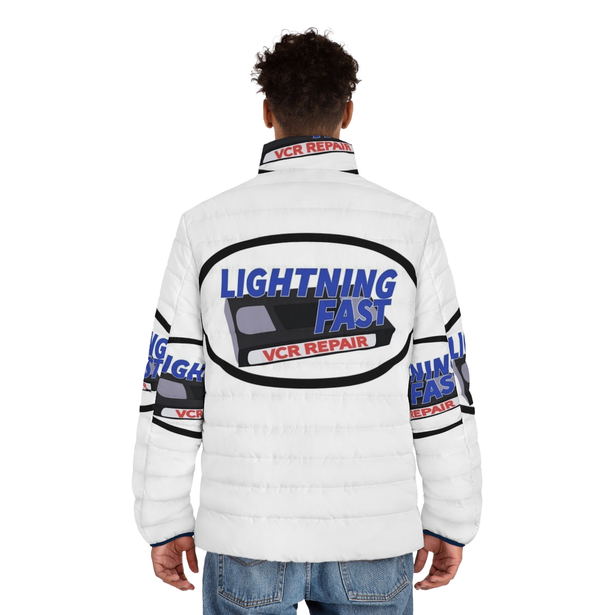 Red Letter Media inspired Lightning Fast VCR Repair logo printed on a puffer jacket - men back