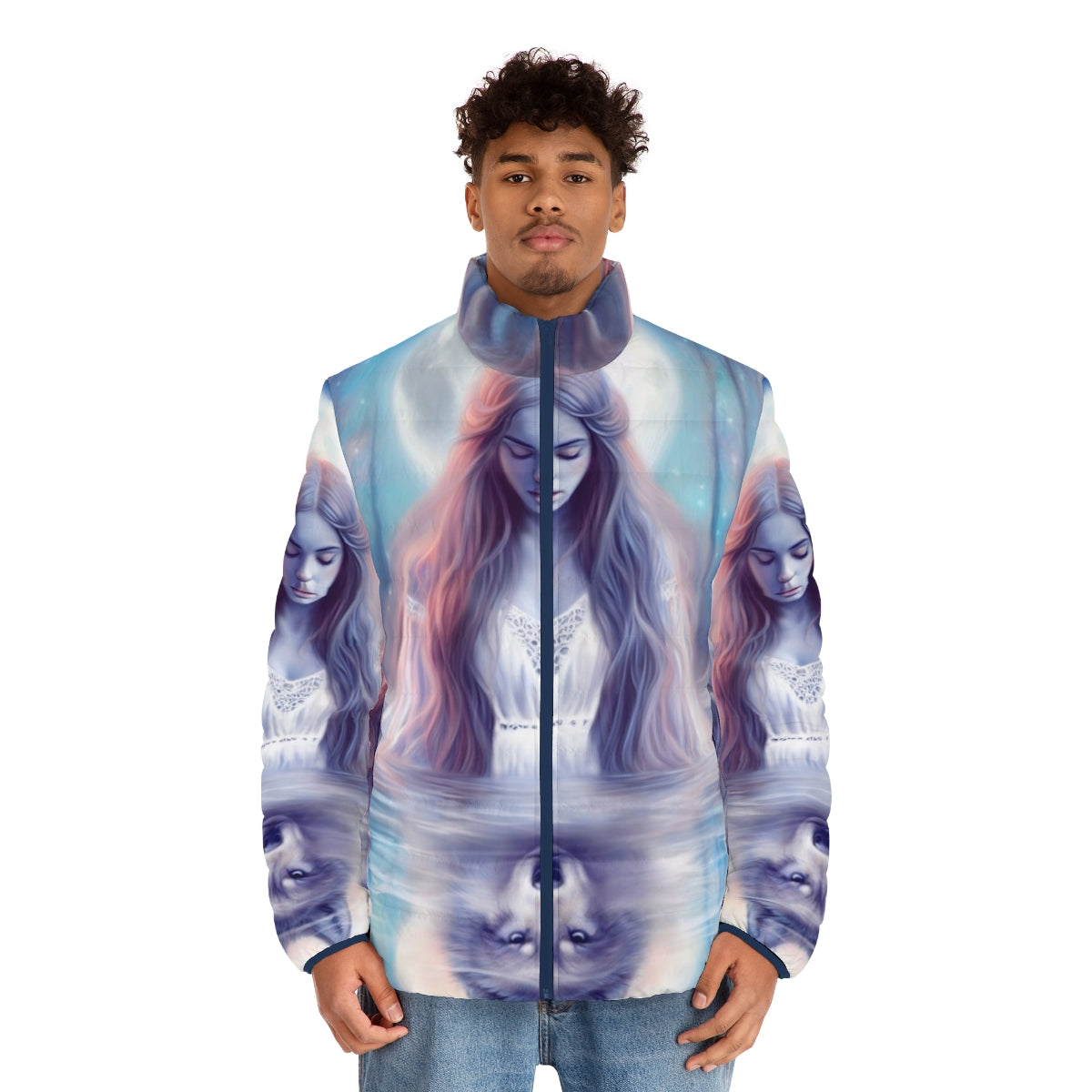 Enchanting pastel puffer jacket featuring a mystical wolf design in a serene forest landscape - men front