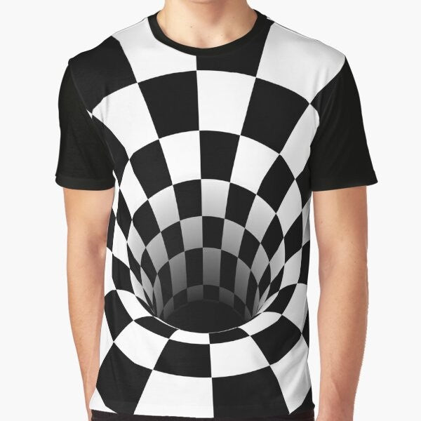 Optical illusion black and white graphic tee with a warped checkerboard design