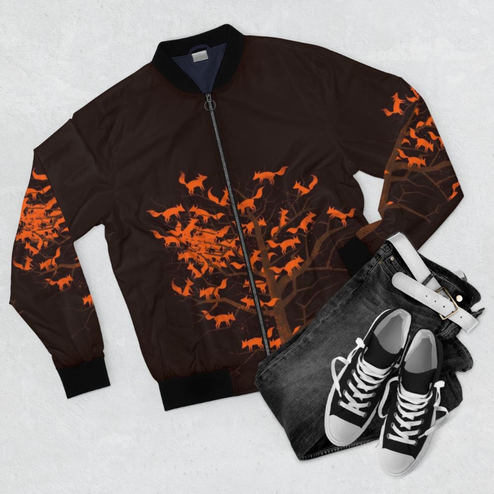 Blazing Fox Tree Bomber Jacket featuring an autumn nature design with a fox and trees - Flat lay