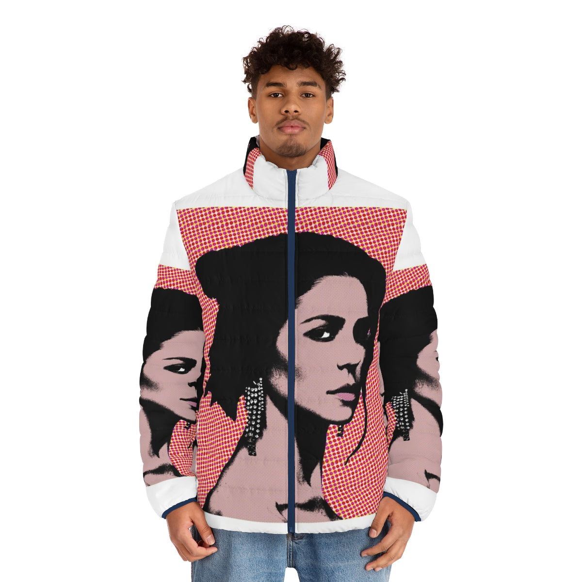 Vibrant marina pop art puffer jacket with electra heart and love and fear design - men front