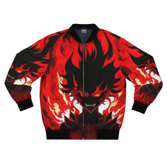 A bomber jacket featuring a fiery demon character from an anime-inspired design with Brazilian phonk music influences.