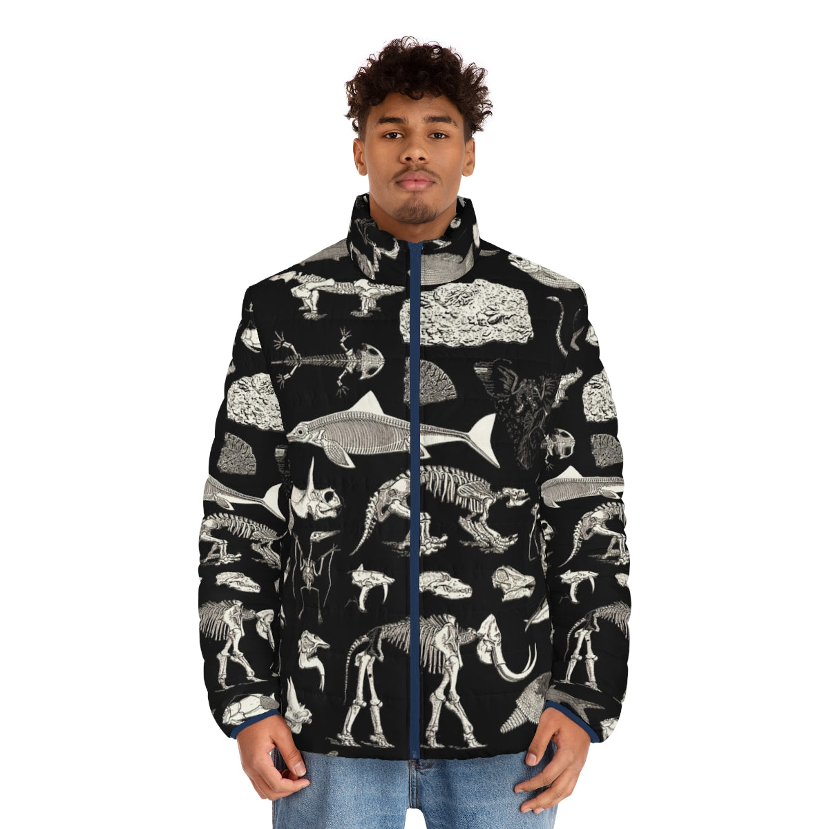 Paleontology puffer jacket featuring fossil illustrations - men front