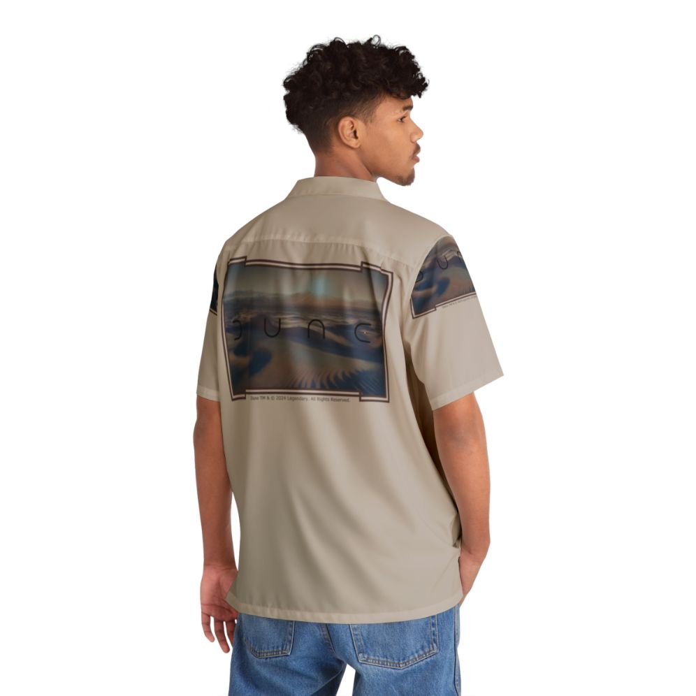 Dune-inspired greyish beige Hawaiian shirt with desert and sci-fi elements - People Back