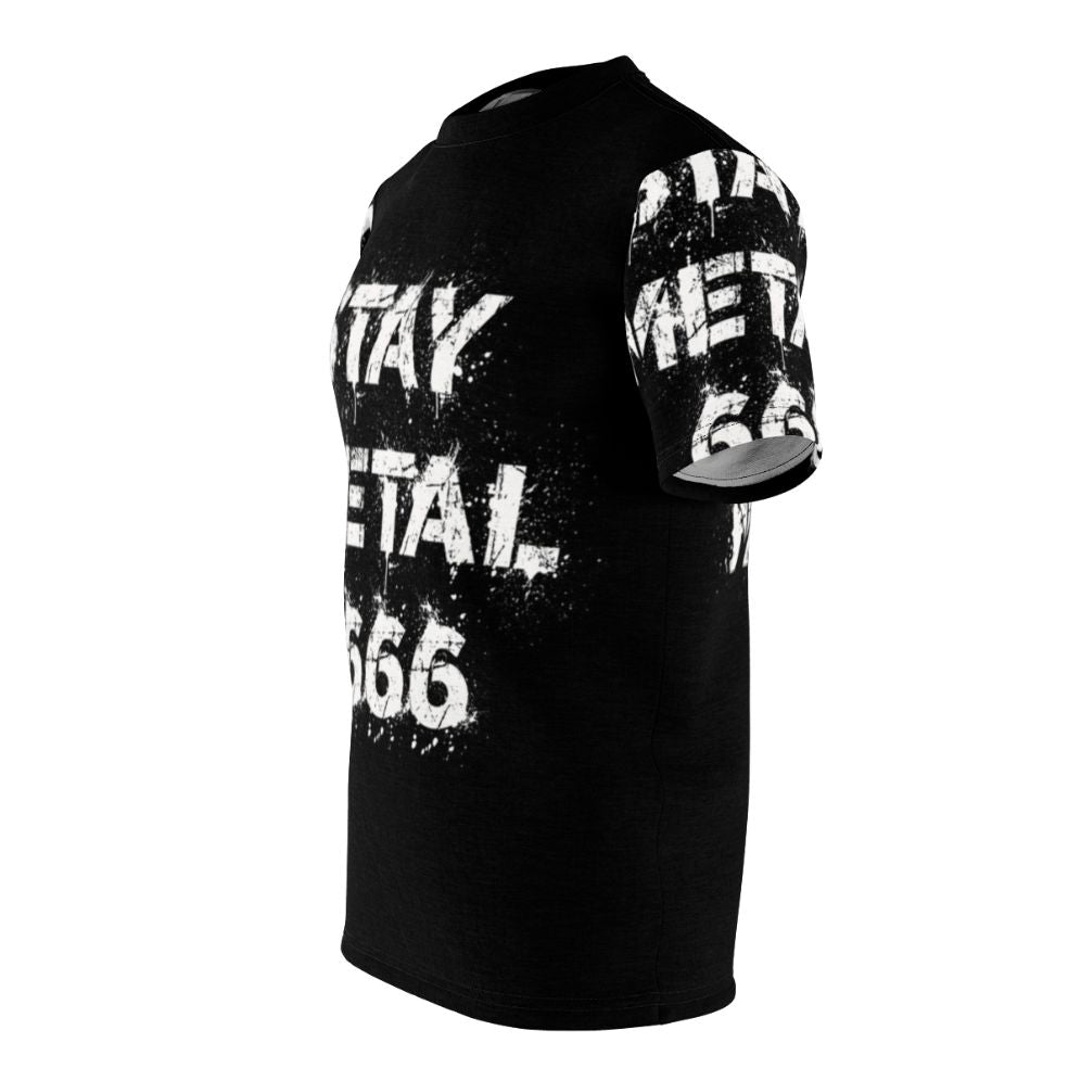 Heavy metal band inspired t-shirt with dark, gothic graphics and the number 666 - men left