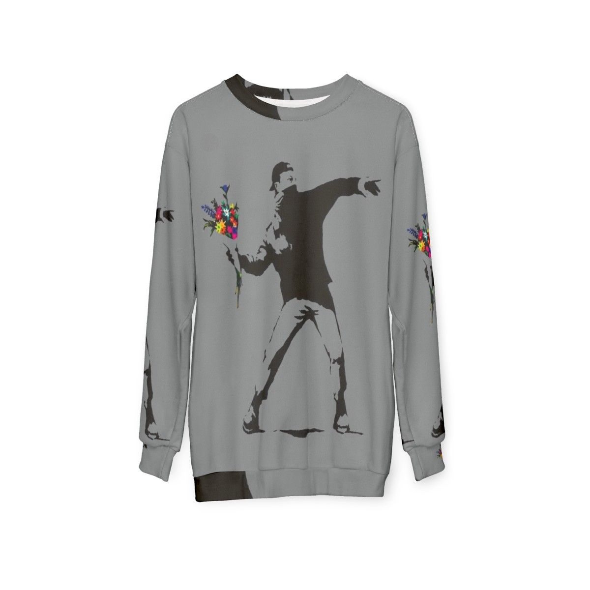 Banksy inspired sweatshirt featuring protester throwing flowers graphic - hanging