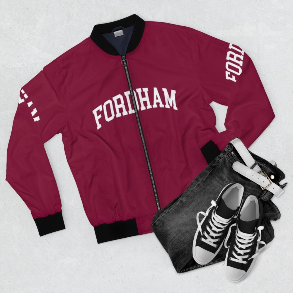 Fordham College Font Curved Bomber Jacket - Flat lay