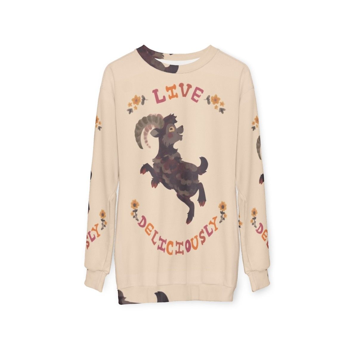 Live Deliciously Sweatshirt with Witch, Horror, and Halloween Imagery - hanging