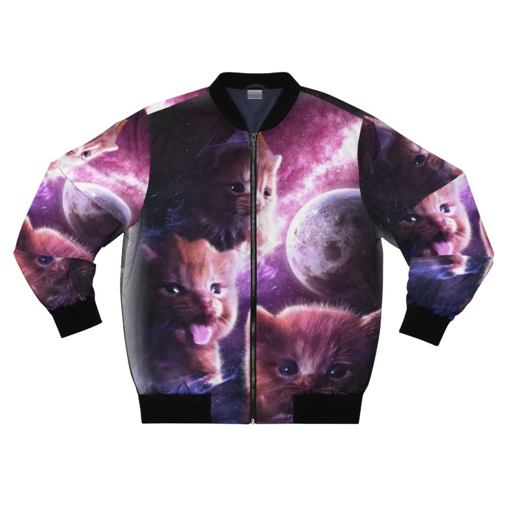 Cute orange cat wearing a bomber jacket with a moon and delinquent design