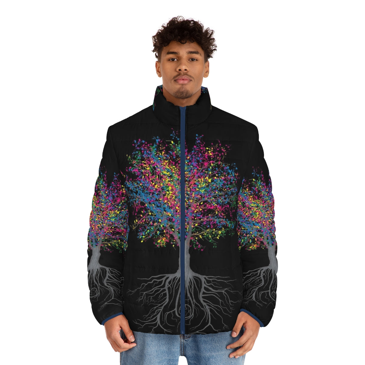 Colorful puffer jacket with nature and musical motifs - men front