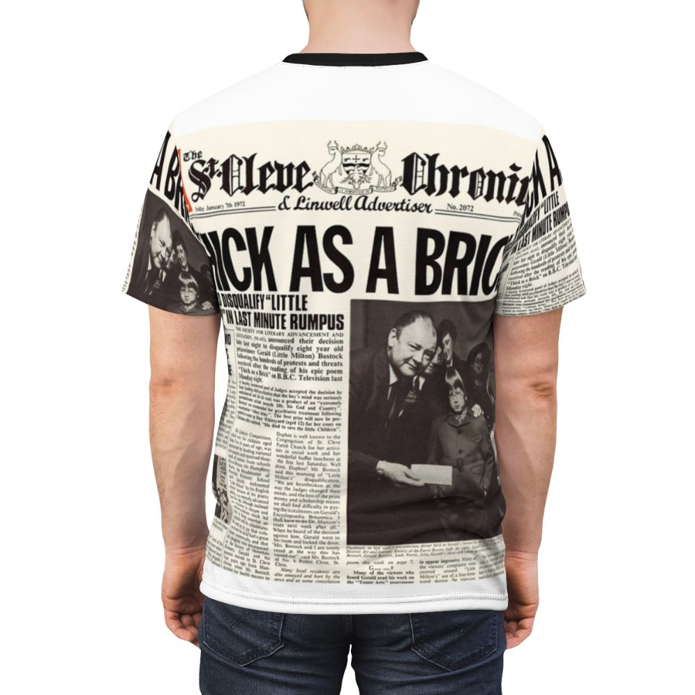 Rock music themed t-shirt featuring Jethro Tull's "Thick As A Brick" album cover art - men back