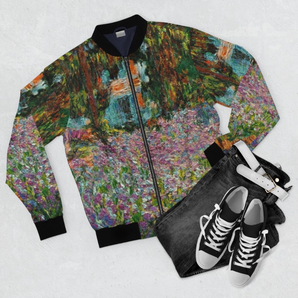 Monet's Garden Irises Bomber Jacket featuring Claude Monet's famous painting - Flat lay