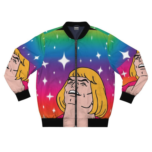 He-Man Masters of the Universe Bomber Jacket with rainbow and meme design