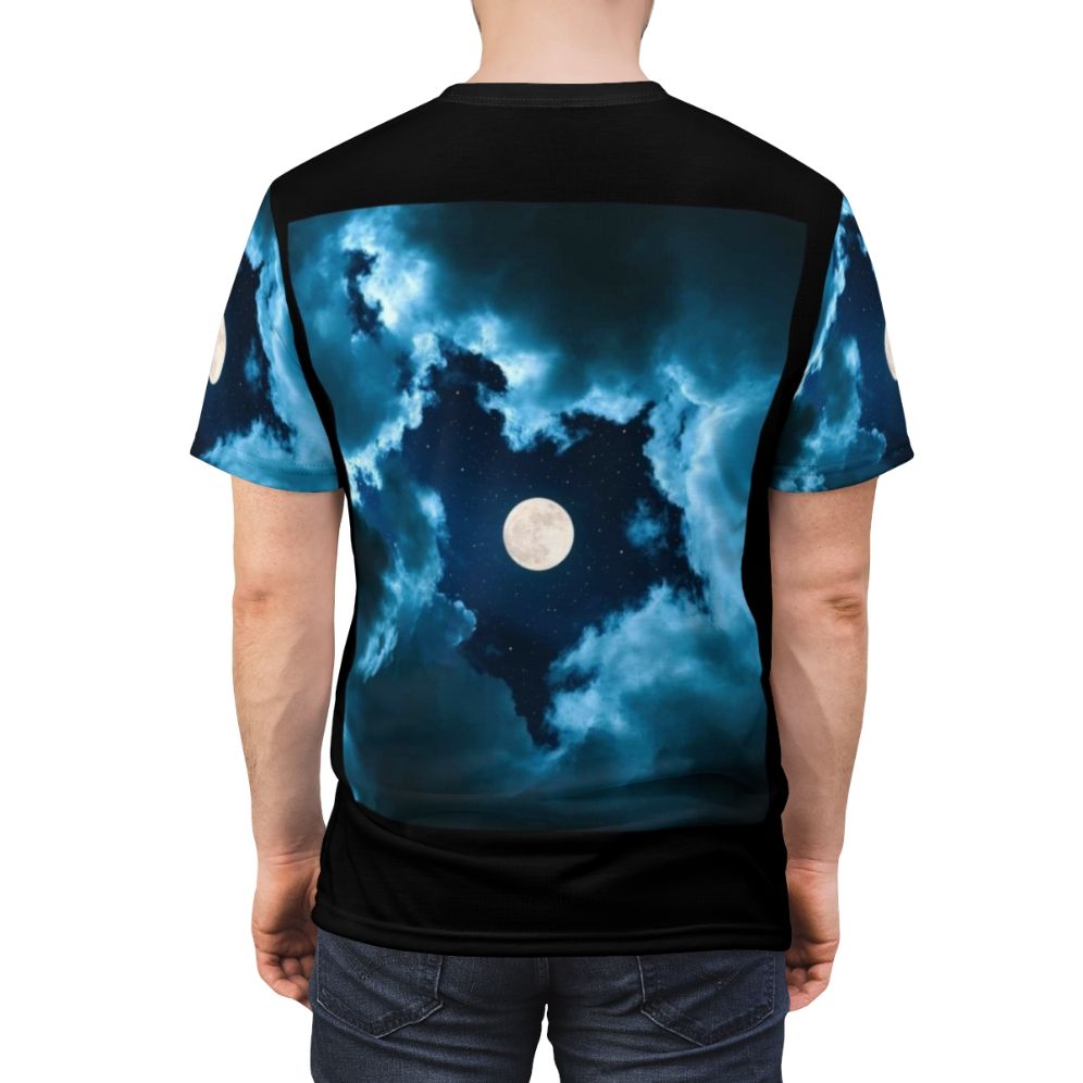 Moonshine-inspired cosmic t-shirt with galaxy, stars, and celestial elements - men back