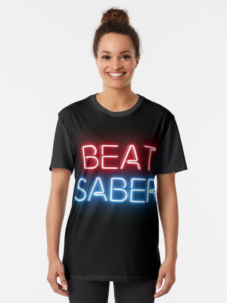 A vibrant and stylish Beat Saber-inspired virtual reality graphic t-shirt. - Women