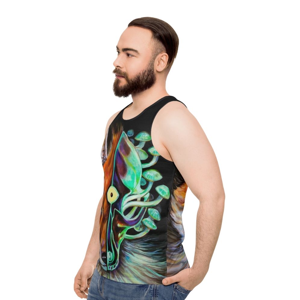 Enlightened unisex tank top with psychedelic third eye and skull design - men side