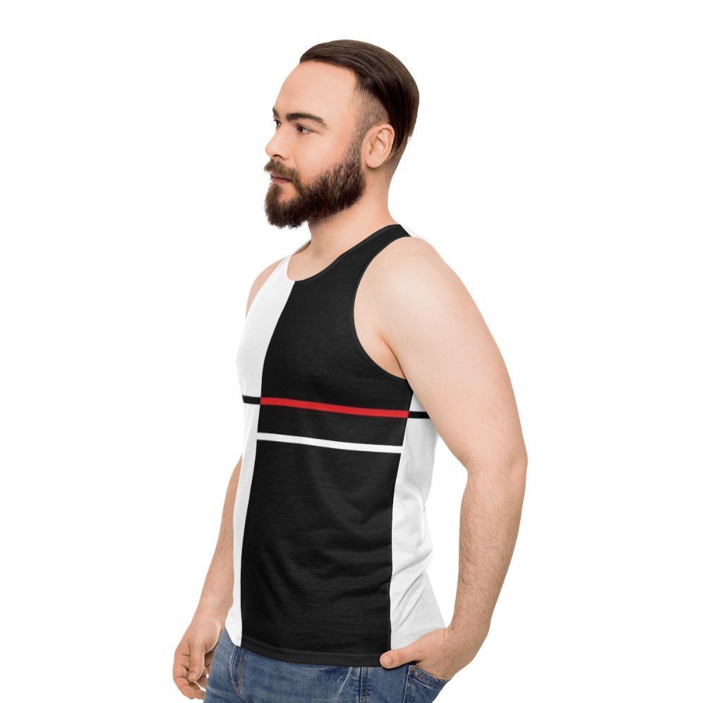 Unisex tank top with minimalist monochrome abstract art design - men side