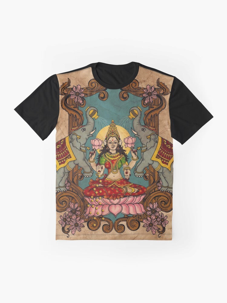 "Lakshmi, the Hindu Goddess of Wealth, portrayed on a graphic t-shirt design" - Flat lay