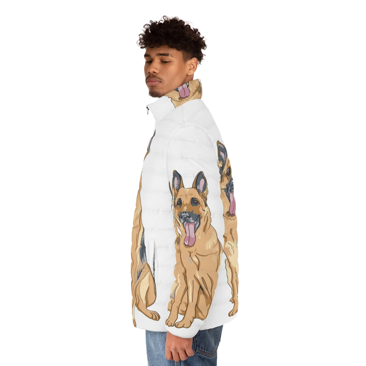 German Shepherd dog wearing a puffer jacket - men side left